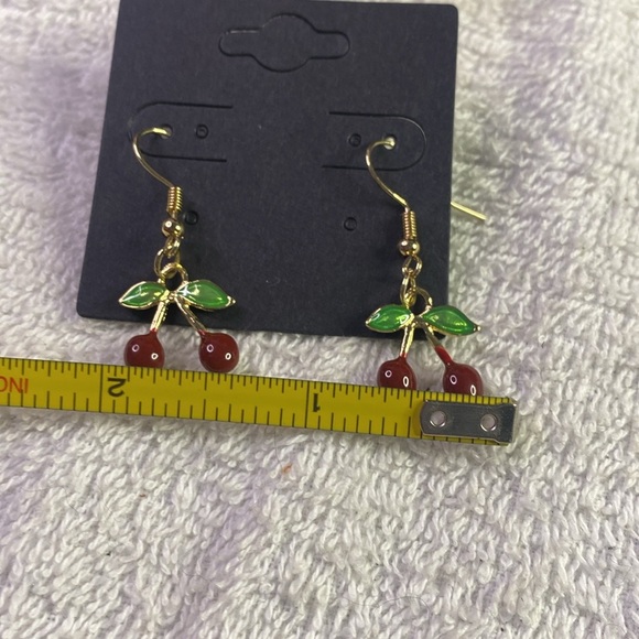Cherry Drop Earrings in Red and Gold Fish Hooks - Picture 5 of 5